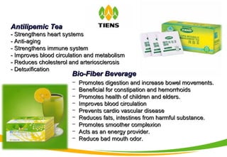 Antilipemic TeaAntilipemic Tea
- Strengthens heart systems- Strengthens heart systems
- Anti-aging- Anti-aging
- Strengthens immune system- Strengthens immune system
- Improves blood circulation and metabolism- Improves blood circulation and metabolism
- Reduces cholesterol and arteriosclerosis- Reduces cholesterol and arteriosclerosis
- Detoxification- Detoxification
Bio-Fiber BeverageBio-Fiber Beverage
− Promotes digestion and increase bowel movements.Promotes digestion and increase bowel movements.
− Beneficial for constipation and hemorrhoidsBeneficial for constipation and hemorrhoids
− Promotes health of children and elders.Promotes health of children and elders.
− Improves blood circulationImproves blood circulation
− Prevents cardio vascular diseasePrevents cardio vascular disease
− Reduces fats, intestines from harmful substance.Reduces fats, intestines from harmful substance.
− Promotes smoother complexionPromotes smoother complexion
− Acts as an energy provider.Acts as an energy provider.
− Reduce bad mouth odor.Reduce bad mouth odor.
 