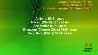 Longevity Research by
             Mark.Stibich, P.H.D
Published on the 21st June 2007.
 
