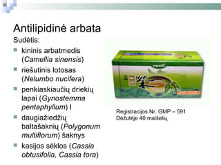 Antilipidinė arbata
Sudėtis:
 kininis arbatmedis
  (Camellia sinensis)
 riešutinis lotosas
  (Nelumbo nucifera)
 penkiaskiaučių driekių
  lapai (Gynostemma
  pentaphyllum) l
                              Registracijos Nr. GMP – 591
 daugiažiedžių               Dėžutėje 40 maišelių
  baltašaknių (Polygonum
  multiflorum) šaknys
 kasijos sėklos (Cassia
  obtusifolia, Cassia tora)
 