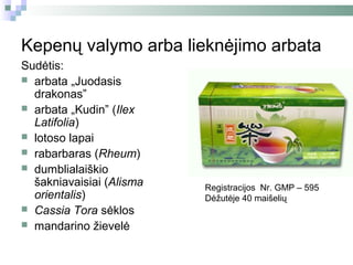 Kepenų valymo arba lieknėjimo arbata
Sudėtis:
 arbata „Juodasis
  drakonas”
 arbata „Kudin” (Ilex
  Latifolia)
 lotoso lapai
 rabarbaras (Rheum)
 dumblialaiškio
  šakniavaisiai (Alisma   Registracijos Nr. GMP – 595
  orientalis)             Dėžutėje 40 maišelių
 Cassia Tora sėklos
 mandarino žievelė
 