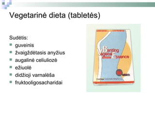 Vegetarinė dieta (tabletės)

Sudėtis:
 guveinis
 žvaigždėtasis anyžius
 augalinė celiuliozė
 ežiuolė
 didžioji varnalėša
 fruktooligosacharidai
 