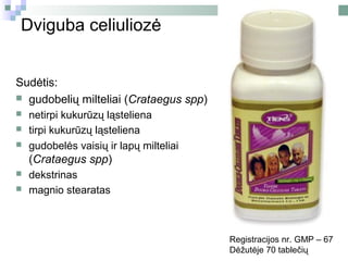 Dviguba celiuliozė


Sudėtis:
 gudobelių milteliai (Crataegus spp)
   netirpi kukurūzų ląsteliena
   tirpi kukurūzų ląsteliena
   gudobelės vaisių ir lapų milteliai
    (Crataegus spp)
   dekstrinas
   magnio stearatas



                                         Registracijos nr. GMP – 67
                                         Dėžutėje 70 tablečių
 