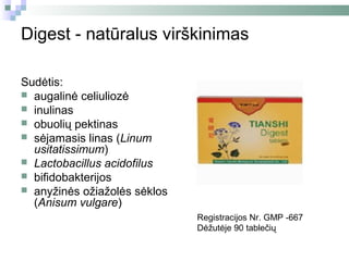 Digest - natūralus virškinimas

Sudėtis:
 augalinė celiuliozė
 inulinas
 obuolių pektinas
 sėjamasis linas (Linum
  usitatissimum)
 Lactobacillus acidofilus
 bifidobakterijos
 anyžinės ožiažolės sėklos
  (Anisum vulgare)
                              Registracijos Nr. GMP -667
                              Dėžutėje 90 tablečių
 