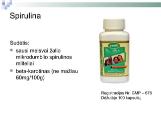 Spirulina


Sudėtis:
 sausi melsvai žalio
  mikrodumblio spirulinos
  milteliai
 beta-karotinas (ne mažiau
  60mg/100g)

                              Registracijos Nr. GMP – 676
                              Dėžutėje 100 kapsulių
 