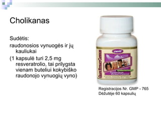 Cholikanas

Sudėtis:
raudonosios vynuogės ir jų
   kauliukai
(1 kapsulė turi 2,5 mg
   resveratrolio, tai prilygsta
   vienam buteliui kokybiško
   raudonojo vynuogių vyno)

                                  Registracijos Nr. GMP - 765
                                  Dėžutėje 60 kapsulių
 