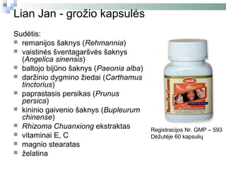 Lian Jan - grožio kapsulės
Sudėtis:
 remanijos šaknys (Rehmannia)
 vaistinės šventagaršvės šaknys
  (Angelica sinensis)
 baltojo bijūno šaknys (Paeonia alba)
 daržinio dygmino žiedai (Carthamus
  tinctorius)
 paprastasis persikas (Prunus
  persica)
 kininio gaivenio šaknys (Bupleurum
  chinense)
 Rhizoma Chuanxiong ekstraktas
                                         Registracijos Nr. GMP – 593
 vitaminai E, C                         Dėžutėje 60 kapsulių
 magnio stearatas
 želatina
 