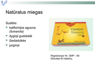 Natūralus miegas

Sudėtis:
 kalifornijos aguona
  (fumarola)
 dygioji gudobelė
 žiedadulkės
 jurginai



                        Registracijos Nr. GMP – 66
                        Dėžutėje 60 tablečių
 
