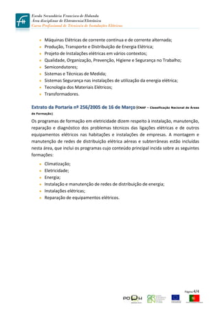 Escola Secundária Francisco de Holanda
Área disciplinar de Eletrotecnia/Eletrónica
Curso Profissional de Técnico/a de Instalações Elétricas
 

        Máquinas Elétricas de corrente contínua e de corrente alternada; 
        Produção, Transporte e Distribuição de Energia Elétrica; 
        Projeto de Instalações elétricas em vários contextos; 
        Qualidade, Organização, Prevenção, Higiene e Segurança no Trabalho; 
        Semicondutores; 
        Sistemas e Técnicas de Medida; 
        Sistemas Segurança nas instalações de utilização da energia elétrica; 
        Tecnologia dos Materiais Elétricos; 
        Transformadores. 
         

Extrato da Portaria nº 256/2005 de 16 de Março (CNAF – Classificação Nacional de Áreas
de Formação) 

Os programas de formação em eletricidade dizem respeito à instalação, manutenção, 
reparação  e  diagnóstico  dos  problemas  técnicos  das  ligações  elétricas  e  de  outros 
equipamentos  elétricos  nas  habitações  e  instalações  de  empresas.  A  montagem  e 
manutenção  de  redes  de  distribuição  elétrica  aéreas  e  subterrâneas  estão  incluídas 
nesta área, que inclui os programas cujo conteúdo principal incida sobre as seguintes 
formações: 
        Climatização;  
        Eletricidade; 
        Energia;  
        Instalação e manutenção de redes de distribuição de energia;  
        Instalações elétricas;  
        Reparação de equipamentos elétricos. 




                                                                                    Página 4/4 
 
 