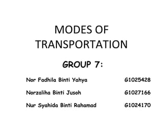 MODES OF
   TRANSPORTATION
             GROUP 7:
Nor Fadhila Binti Yahya     G1025428

Norzaliha Binti Jusoh       G1027166

Nur Syahida Binti Rahamad   G1024170
 
