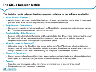 10 
The information contained in this document is proprietary. Copyright © 2014 Capgemini. All rights reserved. 
The Cloud Decision Matrix 
The decision needs to be per business process, solution, or per software application 
What SLA do We need? 
–What uptime do we expect (availability), backup policy and data retention needs, when do we expect patches, when is the solution upgraded and can I control those decisions. 
Regulations / Compliance 
–Government regulations that may apply such as FDA validation, special data protection rules such as PCI Compliance or security rules beyond the standard. 
Predictability of the Solution 
–Focuses on how the solution functions, and how predictable it is. Do we need more computing power for month-end, will we have unpredictable bursting such as a promotional website or even a temporary environment that may have unpredictable growth. 
When to move to the cloud? 
–Although a move to the Cloud is a step toward getting out of the IT business, adjustments to your infrastructure still need to be planned as part of the process. Areas here are around network security, ability to connect in the Cloud, and reviewing the integration points between systems. 
Financial Decisions 
–Current leases, value of owned technology assets, datacenter layout today and labor costs to reduce the footprint, and possible changes around software licensing due to the migration. 
People 
–Impact on your employees. Adapt from hands-on management to a governance model. 
–Changes in roles, processes and procedures  