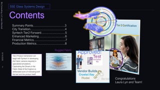 Brij
Consulting,
LLC
Jean
Marshall
8/14/2026
2
Tier2 Product Generation can
begin with Syntech in developing
the Fabric versions required in
specialized simulations.
Captivating the Drivers in the
Fabric State of the Engine is a
deliberated work of motivating both
the test and the product itself.
SSE Glass Systems Design
Brij
Consulting,
LLC
Jean
Marshall
8/14/2026
2
Rugged Fabric
Summary Points…………………………..3
City Transition……………………………..4
Syntech Tier2 Forward……………………5
Enhanced Marketing……………………...6
Financial Metrics…………………………..7
Production Metrics………………………..8
Congratulations
Laura Lyn and Team!
Approved!
 