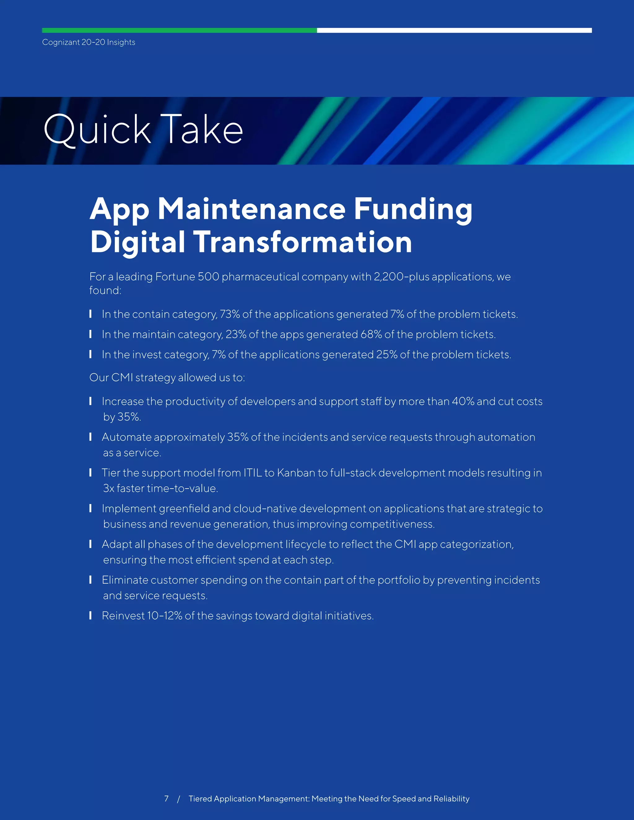 Cognizant 20-20 Insights
7  /  Tiered Application Management: Meeting the Need for Speed and Reliability
App Maintenance Funding
Digital Transformation
For a leading Fortune 500 pharmaceutical company with 2,200-plus applications, we
found: 		
❙❙ In the contain category, 73% of the applications generated 7% of the problem tickets.
❙❙ In the maintain category, 23% of the apps generated 68% of the problem tickets.
❙❙ In the invest category, 7% of the applications generated 25% of the problem tickets.
Our CMI strategy allowed us to:
❙❙ Increase the productivity of developers and support staff by more than 40% and cut costs
by 35%.
❙❙ Automate approximately 35% of the incidents and service requests through automation
as a service.
❙❙ Tier the support model from ITIL to Kanban to full-stack development models resulting in
3x faster time-to-value.
❙❙ Implement greenfield and cloud-native development on applications that are strategic to
business and revenue generation, thus improving competitiveness.
❙❙ Adapt all phases of the development lifecycle to reflect the CMI app categorization,
ensuring the most efficient spend at each step.
❙❙ Eliminate customer spending on the contain part of the portfolio by preventing incidents
and service requests.
❙❙ Reinvest 10-12% of the savings toward digital initiatives.
Quick Take
 