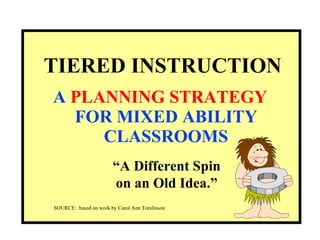 TIERED INSTRUCTION A  PLANNING STRATEGY   FOR MIXED ABILITY CLASSROOMS “ A Different Spin on an Old Idea.” SOURCE:  based on work by Carol Ann Tomlinson 