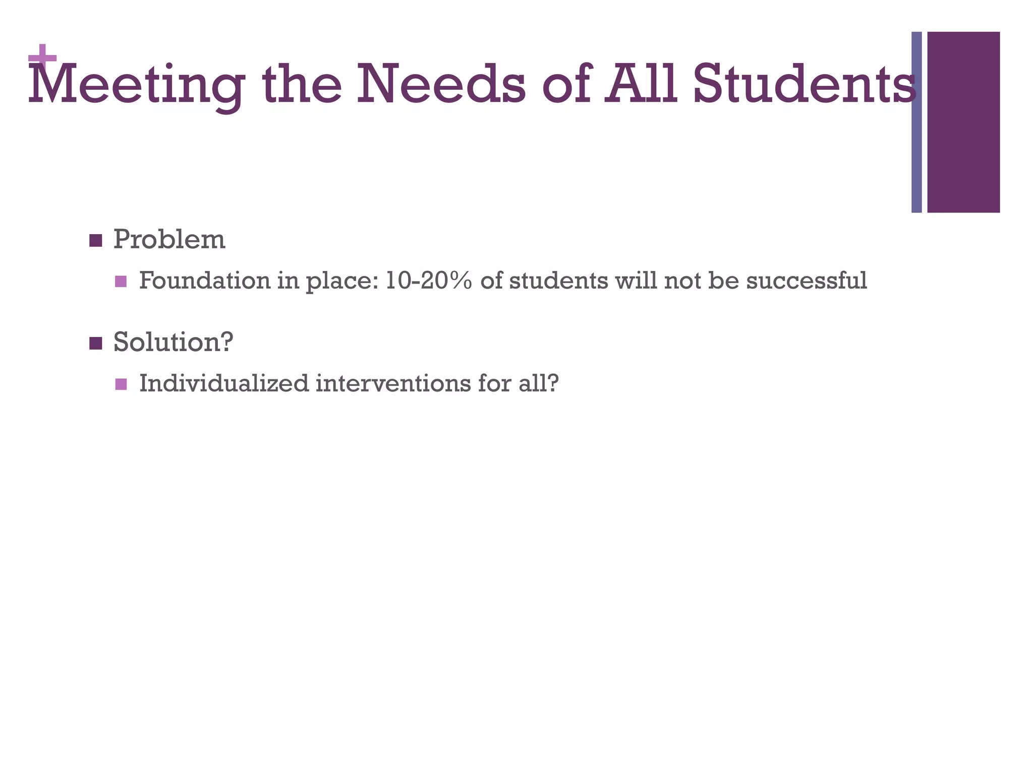 +
Meeting the Needs of All Students

       Problem
           Foundation in place: 10-20% of students will not be successful

       Solution?
           Individualized interventions for all?
 
