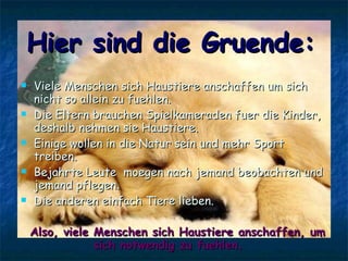 Hier sind die Gruende:   Viele Menschen sich Haustiere anschaffen um sich nicht so allein zu fuehlen. Die Eltern brauchen Spielkameraden fuer die Kinder, deshalb nehmen sie Haustiere. Einige wollen in die Natur sein und mehr Sport treiben.  Bejahrte Leute  moegen nach jemand beobachten und jemand pflegen. Die anderen einfach Tiere lieben.  Also, viele Menschen sich Haustiere anschaffen, um sich notwendig zu fuehlen.   