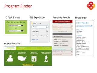 Program Finder
NG ExpeditionsID Tech Camps People to People
Outward Bound
Broadreach
 