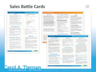 3#&%5'6#A&%'!#)95'                                                                                                                                                                                                                                                                    !"#$%
                                                                                                                                                                                                                                                                                          )+<*5.%



 SALES BATTLE CARD                                        Gartner MQ for EMNS            Partner Profile MIR3
                    The News                                    How to Use the Report                 Press Release                                     What is Intelligent Notification?                                                 Markets
                                                                                        SHANGHAI, ATLANTA, Jan. 08, 2011 — CDC                         Intelligent Notification™ is an important message                CRISIS MANAGEMENT
                                                                                        Software Corporation (NASDAQ: CDCS), a hy-                     delivery platform that lets you notify the people                Business continuity and disaster recovery (BC/
                                                                                        brid enterprise software provider of on-premise                you need to, when you need to, on the commu-                     DR) planning are a critical part of modern busi-
                                                                                        and cloud deployments, today announced that                    nication devices they choose, and get meaning-                   ness procedures. Today, virtually every company
                                                                                        it has signed a reciprocal original equipment                  ful responses quickly.                                           requires business continuity planning and
                                                                                        manufacturer (OEM) agreement with MIR3, Inc.,                                                                                   employee accountability to mitigate risk and
                                                                                        a developer of real-time Intelligent Notifica-                 WHAT YOU NEED TO KNOW ABOUT                                      ensure the safety of their staff.
                                                                                        tion software. Under this OEM agreement, it                    MIR3 INTELLIGENT NOTIFICATION:
                                                                                        is expected that both companies will offer an                                                                                   When interruptions threaten to take business
                                                                                                                                                         Can notify individuals or groups in any order
                                                                                        end-to-end monitoring, alert/notification and                                                                                   offline, Intelligent Notification provides a solution
                                                                                                                                                         Works when email and phones are down                           for organizations of any size to share information
                                                                                        resolution solution, in on-premise, software-as-
                                                                                                                                                         Reaches staff when away from desks,                            and mobilize teams quickly, keeping business on
                                                                                        a-service (SaaS) or hybrid deployments, to mar-
                                                                                                                                                         travelling or out of office                                    track and systems running.
                                                                                        kets that include IT service management (ITSM),
                                                                                        crisis management and supply-chain operations                    Elicits response from those receiving
                                                                                        focused on healthcare, finance, energy, govern-                  notifications                                                  IT SERVICE MANAGEMENT
                                                                                        ment, retail, logistics, and manufacturing.                      Allows multiple ways to respond to
                                                                                                                                                                                                                        IT teams are responsible for keeping business
          What the Report Says                                                                                                                           notifications
                                                                                                                                                                                                                        processes and technology running around the
                                                                                                                                                         Has enhanced support for BlackBerry PIN-to-                    clock. When systems fail or problems linger,
                                                                                                                                                         PIN
                                                                                                                                                                                                                        time is wasted and money is lost.
                                                                                        This OEM partnership is expected to open up                      Monitors and tracks activity with real-time and
                                                                                        new markets for CDC Software in the ITSM and                     archived reports                                               Intelligent Notification helps keep systems work-
                                                                                        crisis management sectors, and help to expand                    Ensures continuity of communication with a                     ing smoothly by making it easy to quickly alert
                                                                                        CDC Software’s footprint in the government                       fault-tolerant infrastructure                                  the staff that can fix problems to keep your busi-
                                                                                        sector, especially in state and local municipalities.                                                                           ness on track.
                                                                                                                                                         Can deliver notifications to email, SMS, SMTP,
                                                                                                                                                         phone, cell, fax, pager, TTY
                                                                                                                                                                                                                        SUPPLY CHAIN MANAGEMENT
                                                                                                                                                                                                                        Supply chain logistics requires a seamless
                                                                                                                                                          Why MIR3 products are best                                    integration between production, planning and
                                                                                        MIR3 OVERVIEW                                                                                                                   sourcing.
                                                                                                                                                        Reputation – Many of the global FORTUNE
                                                                    Talking Points      MIR3 is the premiere SALES BATTLE CARD
                                                                                                             provider of Intelligent
                                                                                        Notification and response software. MIR3
                                                                                                                                                        100 are customers; more than 5,000
                                                                                                                                                        installations worldwide
                                                                                                                                                                                                                              MIR3 Enterprise Service Bus
                                                                                                                                                                                                                Intelligent Notification helps by providing a
                                                                                                                                                                                                                means for any supply chain operation to share
                                                                                                                                                                                                                mission-critical information along the value chain,
     What it Means to Customers                                                         solutions help organizations deliver important
                                                                                                                                                        Reliability – More than ten years of proven
                                                                                        messages to groups from a few to hundreds MIR3 ESB?
                                                                                                                         What is of                     reliability                         Top Features reducing operational customer satisfaction. is it for?
                                                                                                                                                                                                                times and increasing
                                                                                                                                                                                                                                       costs, lowering response
                                                                                                                                                                                                                                                     Who
                                                                                        thousands on a wide variety of communication
                                                                                                             The MIR3 Enterprise phone                  Redundancy – Redundant global
                                                                                        devices including email, landline, mobile Service Bus (ESB) is a runbook                                                                          The MIR3 ESB is for any user of MIR3 products
                                                                                        and SMS.                                                        infrastructure and rigorous securityon more meaningful tasks
                                                                                                             automation toolset that makes it easy to integrate               their attention                                             who wants to integrate the features of Intelligent
                                                                                                               the notification capabilities of inEnterprise, in-                                                                                Notification into existing or legacy applications.
                                                                                                               TechCenter and TelAlert into existing applications                                                                                The MIR3 ESB is commonly purchased and de-
                                                                                                               without custom coding, scripting or significant                                                                                   ployed within corporate IT departments.
                                                                                        Response is Everything   ™
                                                                                                                                                                                  data configuration
                                                                                                            professional services.
                                                                                                                                                               CONFIDENTIAL - FOR MIR3 PARTNER USE ONLY                              -
                                                                                                               The MIR3 ESB allows for an easy way to integrate                   flow tools                                                              Why they need it?
                                                                                                               notification with major ITSM tools and other enter-
                                                                                                               prise and legacy applications allowing for two-way                                                                             More companies are realizing the value of notifica-
                                                                                                                                                                                  when an alert is responded to
                                                                                                               communications between applications and on-call                                                                                tion software as a business tool for communicat-
                                                                                                               personnel.                                                                                                                     ing, whether during times of disruption or any
                                                                                                                                                                                                                                              time they want to reach a group of people with
                                                                                                               It has an uncomplicated point-and-click data con-                                                                              an important message. However, most companies
                                                                                                               figuration for seamless implementation of escala-                           How does it work?                                  are already standardized on software platforms
                                                                                                               tion rules without custom coding or scripting.                   The MIR3 ESB gives users a complete set of flex-              that don’t include notification. Integration is often
                                                                                                               It provides a complete set of flexible, pre-defined              ible, pre-defined building blocks for integrateing            complicated and time-consuming, requiring lots of
                                                                                                               building blocks for intelligent workflow, rule-based             notification with existing applications through intel-        custom coding and complicated scripting. The MIR3
                                                                                                               logic flow control and branching, as well as process             ligent workflow, rule-based logic flow control and            ESB provides an easy way for these companies to
Response is Everything   ™

                                                                                                               and workflow logic to fine-tune the interactions be-             branching. Process and workflow logic allows users            integrate notification, whether using inEnterprise,
                                 CONFIDENTIAL - INTERNAL USE ONLY                                              tween applications and notification to communicate               to fine-tune the interactions between systems and
                                                                                                               more effectively.                                                notification to communicate effectively.                      existing applications.


                                                                                                                       Discovery Questions
                                                                                                               Do you need to integrate data with—or automate                    information traveling in one direction. If the data or      Do you add new or modify existing workflows fre-
                                                                                                               workflow from—any of your existing software sys-                  process flow is bi-directional, these scripts becomes       quently?
                                                                                                               tems with the notification system?                                very difficult to develop and maintain. The MIR3 ESB
                                                                                                                                                                                 drag-and-drop GUI for process flow design makes it
                                                                                                                                                                                                                                               a drag-and-drop GUI is much easier than writing
                                                                                                                                                                                 easy to build and maintain process flows.
                                                                                                                 subsequent questions, a case can be made to offer                                                                             scripts or custom programs.
                                                                                                                 the MIR3 Enterprise Service Bus (ESB).                        How many specific business processes (work flows)
                                                                                                                                                                                                                                             Do you have more than one person responsible for
                                                                                                                                                                               do you need to automate?
                                                                                                                                                                                                                                             integrations or do you have frequent turnover in
                                                                                                                 no need to recommend the MIR3 ESB.                                                                                -         that job function?
                                                                                                                                                                                 plexity of an integration exponentially. MIR3 ESB
                                                                                                               Do you need bidirectional updates between the
                                                                                                                                                                                 inherently manages multiple data flows ensuring that
                                                                                                               existing system and the notification system?                                                                                    maintain for everyone but the person who originally
                                                                                                                                                                                 events are timed properly and that data does not get
                                                                                                                                                                                                                                               wrote them. The MIR3 ESB standard interface makes
                                                                                                                                                                     -           mixed up between different processes.
                                                                                                                                                                                                                                               all integrations and work flows maintainable by any-
                                                                                                                 plications. This is fine for simple integrations with
                                                                                                                                                                                                                                               body who is trained on ESB.



                                                                                                               Response is Everything     ™




                                                                                                                                                                                           CONFIDENTIAL - INTERNAL USE ONLY
 