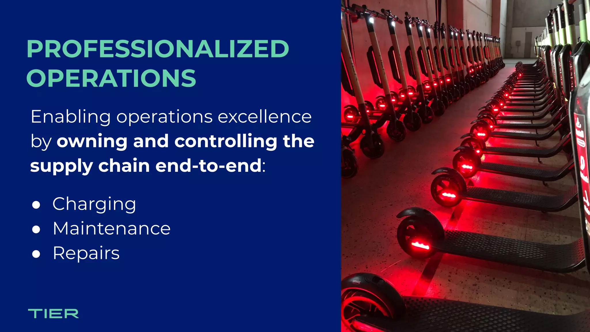PROFESSIONALIZED
OPERATIONS
Enabling operations excellence
by owning and controlling the
supply chain end-to-end:
● Charging
● Maintenance
● Repairs
 
