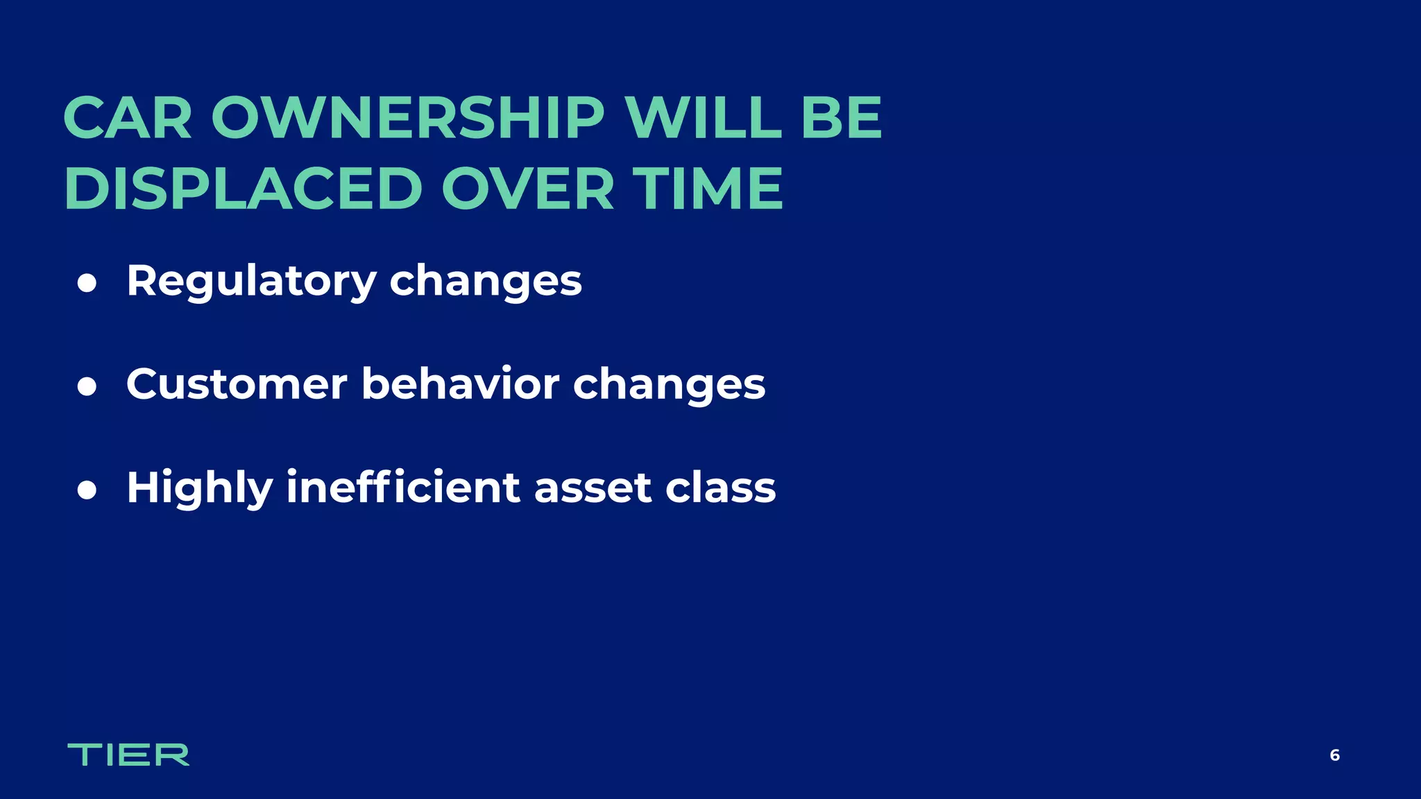 CAR OWNERSHIP WILL BE
DISPLACED OVER TIME
6
● Regulatory changes
● Customer behavior changes
● Highly inefﬁcient asset class
 
