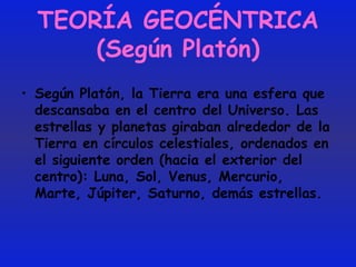 TEORÍA GEOCÉNTRICA (Según Platón) Según Platón, la Tierra era una esfera que descansaba en el centro del Universo. Las estrellas y planetas giraban alrededor de la Tierra en círculos celestiales, ordenados en el siguiente orden (hacia el exterior del centro): Luna, Sol, Venus, Mercurio, Marte, Júpiter, Saturno, demás estrellas.  