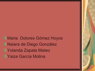 Maria Dolores Gómez Hoyos
Naiara de Diego González
Yolanda Zapata Mateo
Yaiza García Molina
 