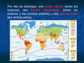 Por ello se distingue: una zona cálida (entre los
trópicos), dos zonas templadas (entre los
trópicos y los círculos polares) y dos zonas frías
(en ambos polos).
 