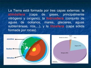 La Tierra está formada por tres capas externas: la
atmósfera (capa de gases, principalmente
nitrógeno y oxígeno), la hidrosfera (conjunto de
aguas de océanos, mares, glaciares, aguas
subterráneas, ríos,...), y la litosfera (capa sólida
formada por rocas).
 