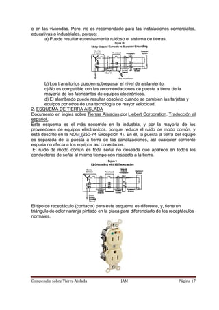 Compendio sobre Tierra Aislada JAM Página 17
o en las viviendas. Pero, no es recomendado para las instalaciones comerciales,
educativas o industriales, porque:
a) Puede resultar excesivamente ruidoso el sistema de tierras.
b) Los transitorios pueden sobrepasar el nivel de aislamiento.
c) No es compatible con las recomendaciones de puesta a tierra de la
mayoría de los fabricantes de equipos electrónicos.
d) El alambrado puede resultar obsoleto cuando se cambien las tarjetas y
equipos por otros de una tecnología de mayor velocidad.
2. ESQUEMA DE TIERRA AISLADA
Documento en inglés sobre Tierras Aisladas por Liebert Corporation. Traducción al
español..
Este esquema es el más socorrido en la industria, y por la mayoría de los
proveedores de equipos electrónicos, porque reduce el ruido de modo común, y
está descrito en la NOM {250-74 Excepción 4}. En él, la puesta a tierra del equipo
es separada de la puesta a tierra de las canalizaciones, así cualquier corriente
espuria no afecta a los equipos así conectados.
El ruido de modo común es toda señal no deseada que aparece en todos los
conductores de señal al mismo tiempo con respecto a la tierra.
El tipo de receptáculo (contacto) para este esquema es diferente, y, tiene un
triángulo de color naranja pintado en la placa para diferenciarlo de los receptáculos
normales.
 