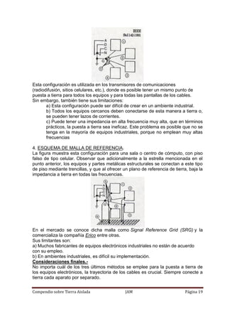 Compendio sobre Tierra Aislada JAM Página 19
Esta configuración es utilizada en los transmisores de comunicaciones
(radiodifusión, sitios celulares, etc.), donde es posible tener un mismo punto de
puesta a tierra para todos los equipos y para todas las pantallas de los cables.
Sin embargo, también tiene sus limitaciones:
a) Esta configuración puede ser difícil de crear en un ambiente industrial.
b) Todos los equipos cercanos deben conectarse de esta manera a tierra o,
se pueden tener lazos de corrientes.
c) Puede tener una impedancia en alta frecuencia muy alta, que en términos
prácticos, la puesta a tierra sea ineficaz. Este problema es posible que no se
tenga en la mayoría de equipos industriales, porque no emplean muy altas
frecuencias
4. ESQUEMA DE MALLA DE REFERENCIA.
La figura muestra esta configuración para una sala o centro de cómputo, con piso
falso de tipo celular. Observar que adicionalmente a la estrella mencionada en el
punto anterior, los equipos y partes metálicas estructurales se conectan a este tipo
de piso mediante trencillas, y que al ofrecer un plano de referencia de tierra, baja la
impedancia a tierra en todas las frecuencias.
En el mercado se conoce dicha malla como Signal Reference Grid (SRG) y la
comercializa la compañía Erico entre otras.
Sus limitantes son:
a) Muchos fabricantes de equipos electrónicos industriales no están de acuerdo
con su empleo.
b) En ambientes industriales, es difícil su implementación.
Consideraciones finales.-
No importa cuál de los tres últimos métodos se emplee para la puesta a tierra de
los equipos electrónicos, la trayectoria de los cables es crucial. Siempre conecte a
tierra cada aparato por separado.
 