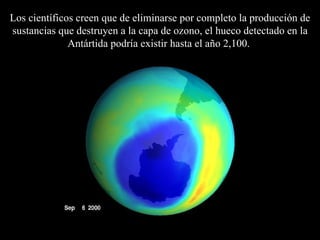 Los científicos creen que de eliminarse por completo la producción de sustancias que destruyen a la capa de ozono, el hueco detectado en la Antártida podría existir hasta el año 2 , 100.   