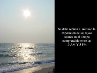 Se debe reducir al mínimo la exposición de los rayos solares en el tiempo comprendido entre las 10 AM Y 3 PM   