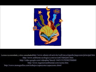Lectura recomendada y sitios consultados http://www.edunet.ch/activite/wall/encyclopedie/pagozono/principal.htm http://www.ambiente-ecologico.com/revist63/fabian63.htm http://video.google.com/videoplay?docid=1643151295802504860 http://www.ingenieroambiental.com/ozono.htm http://www.monografias.com/trabajos/capaozono/capaozono.shtml http://es.wikipedia.org/wiki/Ozono   