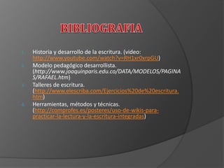 1. Historia y desarrollo de la escritura. (video:
http://www.youtube.com/watch?v=RH1xr0xrpGU)
2. Modelo pedagógico desarrollista.
(http://www.joaquinparis.edu.co/DATA/MODELOS/PAGINA
S/RAFAEL.htm)
3. Talleres de escritura.
(http://www.elescriba.com/Ejercicios%20de%20escritura.
htm)
4. Herramientas, métodos y técnicas.
(http://comprofes.es/posteres/uso-de-wikis-para-
practicar-la-lectura-y-la-escritura-integradas)
 