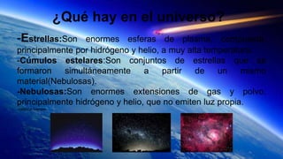 ¿Qué hay en el universo?
-Estrellas:Son enormes esferas de plasma, compuesta,
principalmente por hidrógeno y helio, a muy alta temperatura.
-Cúmulos estelares:Son conjuntos de estrellas que se
formaron simultáneamente a partir de un mismo
material(Nebulosas).
-Nebulosas:Son enormes extensiones de gas y polvo,
principalmente hidrógeno y helio, que no emiten luz propia.
-catalina fuentes
 