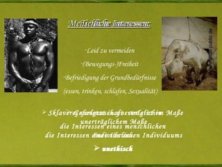 Leid zu vermeiden (Bewegungs-)Freiheit Befriedigung der Grundbedürfnisse (essen, trinken, schlafen, Sexualität) Menschliche Interessen: Tierliche Interessen: Sklaverei  verletzt in unerträglichem Maße die Interessen eines menschlichen Individuums unethisch Gefangenschaft   verletzt in unerträglichem Maße die Interessen eines tierlichen Individuums unethisch 