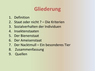 Gliederung
1.   Definition
2.   Staat oder nicht ? – Die Kriterien
3.   Sozialverhalten der Individuen
4.   Insektenstaaten
5.   Der Bienenstaat
6.   Der Ameisenstaat
7.   Der Nacktmull – Ein besonderes Tier
8.    Zusammenfassung
9.    Quellen
 