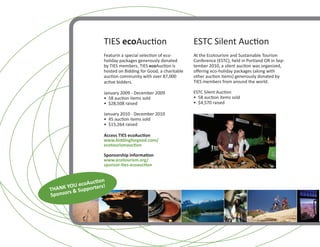 TIES ecoAuction                            ESTC Silent Auction
                     Featurin a special selection of eco-       At the Ecotourism and Sustainable Tourism
                     holiday packages generously donated        Conference (ESTC), held in Portland OR in Sep-
                     by TIES members, TIES ecoAuction is        tember 2010, a silent auction was organized,
                     hosted on Bidding for Good, a charitable   offering eco-holiday packages (along with
                     auction community with over 87,000         other auction items) generously donated by
                     active bidders.                            TIES members from around the world.

                     January 2009 - December 2009               ESTC Silent Auction
                     • 58 auction items sold                    • 58 auction items sold
                     • $28,508 raised                           • $4,570 raised

                     January 2010 - December 2010
                     • 45 auction items sold
                     • $15,264 raised

                     Access TIES ecoAuction
                     www.biddingforgood.com/
                     ecotourismauction

                     Sponsorship Information
                     www.ecotourism.org/
                     sponsor-ties-ecoauction


               uction
      YO U ecoA rters!
THANK rs & Suppo
Sponso
 