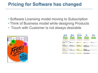 Pricing for Software has changed  Software Licensing model moving to Subscription Think of Business model while designing Products Touch with Customer is not always desirable 