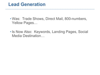 Lead Generation Was:  Trade Shows, Direct Mail, 800-numbers, Yellow Pages… Is Now Also:  Keywords, Landing Pages, Social Media Destination… 