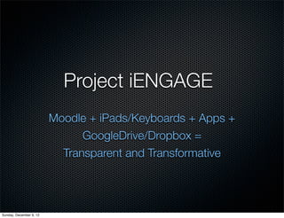Project iENGAGE
                         Moodle + iPads/Keyboards + Apps +
                               GoogleDrive/Dropbox =
                           Transparent and Transformative




Sunday, December 9, 12
 