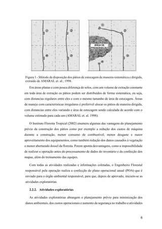 6
Figura 1 - Método de disposição dos pátios de estocagem de maneira sistemática e dirigida,
extraído de AMARAL et. al., 1998.
Em áreas planas e com pouca diferença de solos, com um volume de extração constante
em toda área de extração os pátios podem ser distribuídos de forma sistemática, ou seja,
com distancias regulares entre eles e com o mesmo tamanho de área de estocagem. Áreas
de manejo com características irregulares é preferível alocar os pátios de maneira dirigida,
com distancias entre eles variando e área de estocagem sendo calculada de acordo com o
volume estimado para cada um (AMARAL et. al. 1998).
O Instituto Floresta Tropical (2002) enumera algumas das vantagens do planejamento
prévio da construção dos pátios como por exemplo a redução dos custos de máquina
durante a construção, menor consumo de combustível, menor desgaste e maior
aproveitamento dos equipamentos, como também redução dos danos causados à vegetação
e menor aberturado dossel da floresta. Porem aponta desvantagens, como a impossibilidade
de realizar a operação antes do processamento de dados do inventário e da confecção dos
mapas, além do treinamento das equipes.
Com todas as atividades realizadas e informações coletadas, o Engenheiro Florestal
responsável pela operação realiza a confecção do plano operacional anual (POA) que é
enviado para o órgão ambiental responsável, para que, depois de aprovado, iniciem-se as
atividades exploratórias.
2.2.2. Atividades exploratórias
As atividades exploratórias abrangem o planejamento prévio para minimização dos
danos ambientais, dos custos operacionais e aumento da segurança no trabalho e atividades
 