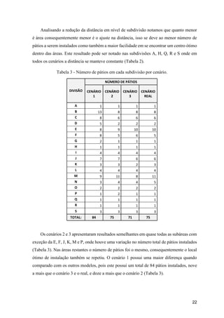 22
Analisando a redução da distância em nível de subdivisão notamos que quanto menor
é área consequentemente menor é o ajuste na distância, isso se deve ao menor número de
pátios a serem instalados como também a maior facilidade em se encontrar um centro ótimo
dentro das áreas. Este resultado pode ser notado nas subdivisões A, H, Q, R e S onde em
todos os cenários a distância se manteve constante (Tabela 2).
Tabela 3 - Número de pátios em cada subdivisão por cenário.
DIVISÃO
NÚMERO DE PÁTIOS
CENÁRIO
1
CENÁRIO
2
CENÁRIO
3
CENÁRIO
REAL
A 1 1 1 1
B 13 8 8 8
C 8 6 6 6
D 5 2 2 2
E 8 9 10 10
F 8 5 6 5
G 2 1 1 1
H 1 1 1 1
I 4 4 4 4
J 7 7 6 6
K 3 3 2 3
L 4 4 4 4
M 9 11 8 11
N 3 4 4 5
O 2 2 2 2
P 1 2 1 1
Q 1 1 1 1
R 1 1 1 1
S 3 3 3 3
TOTAL: 84 75 71 75
Os cenários 2 e 3 apresentaram resultados semelhantes em quase todas as subáreas com
exceção da E, F, J, K, M e P, onde houve uma variação no número total de pátios instalados
(Tabela 3). Nas áreas restantes o número de pátios foi o mesmo, consequentemente o local
ótimo de instalação também se repetiu. O cenário 1 possui uma maior diferença quando
comparado com os outros modelos, pois este possui um total de 84 pátios instalados, nove
a mais que o cenário 3 e o real, e doze a mais que o cenário 2 (Tabela 3).
 