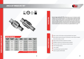 equiposdecompletacióntiet
DESCRIPCIÓNCARACTERÍSTICAS
8584
DATOSTÉCNICOS
ANCLADETORQUEATC-TIET
OD CASING
(PULG.)
OD CUERPO
(PULG.)
ID
(PULG.)
LARGO
(PULG.)
ROSCA*
MAX.
TORQUE
Nº DE CU-
ÑAS
9.5/8” x4.1/2” 8,25” 3,96” 19,07” 4-1/2” EUE 50,000 LBS 06
9.5/8” x
5.1/2”
8,25” 4,78” 20.248” 5.1/2” LC 50,000 LBS 06
7” x 3.1/2” 6.85” 3,0” 16.0” 3.1/2” EUE 50,000 LBS 05
7” x 4.1/2” 6.85” 3,0” 20.1” 4.1/2” EUE 50,000 LBS 06
5.1/2” x
2.7/8”
4,60” 2,44” 20.07” 2.7/8” EUE 50,000 LBS 06
5.1/2” x
3.1/2”
4,60” 2,44” 20.07” 3.1/2” EUE 50,000 LBS 06
*Acero Cuerpo: A-1045 / Acero Cuñas: A-4140.
*Otras Roscas según el Cliente.
Ancla de torque mecánica ATC-TIET, diseñada para el uso con bombas de cavidad
Progresiva (BCP). Este diseño se aferra más positivamente a la pared del casing,
utilizando la contra rotación de las B. C. P., en cualquier posición desde vertical hasta
horizontal, esta ancla posee 9 cuñas que están posicionadas en dos niveles, dismi-
nuyendo la rigidez lo que garantiza su funcionamiento, aun contra la pared del ca-
sing ya sea, desigual, dañada o como suele suceder posicionándose al frente de los
acoples del casing. Cada cuña individual cuenta con dos resortes en espiral dentro
del porta-resorte para garantizar la trayectoria de la cuña perpendicular a la pared,
evitando deslizamiento o rotura de las mismas y su posible perdida en el pozo.
ll Posee 9 cuñas en (02) niveles en zig-zag, garantizando mayor agarre.
ll Menor diámetro exterior del cuerpo, el cual permite un mayor flujo por el espacio
anular entre el casing y el ancla.
ll Diseño modular que facilita la reparación en locación.
ll OPCIONAL: Fabricación de canales para paso de capilares
ll Evita que se suelte o dañe la tubería por exceso de torque.
ll Cuñas individuales alternas.
ll Cuerpo integral.
ll Rosca fabricada bajo lineamientos API 5CT.
ll Sistema de gestión ISO 9001-2008.
 