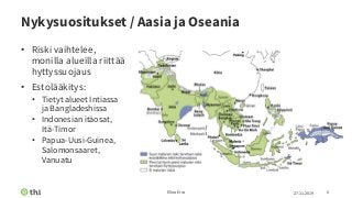 Nykysuositukset / Aasia ja Oseania
• Riski vaihtelee,
monilla alueilla riittää
hyttyssuojaus
• Estolääkitys:
• Tietyt alueet Intiassa
ja Bangladeshissa
• Indonesian itäosat,
Itä-Timor
• Papua-Uusi-Guinea,
Salomonsaaret,
Vanuatu
27.11.2019Elina Erra 6
 