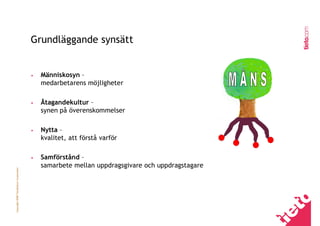 Grundläggande synsätt


                                         •   Människosyn –
                                             medarbetarens möjligheter

                                         •   Åtagandekultur –
                                             synen på överenskommelser

                                         •   Nytta –
                                             kvalitet, att förstå varför

                                         •   Samförstånd –
                                             samarbete mellan uppdragsgivare och uppdragstagare
Copyright 2008 TietoEnator Corporation
 
