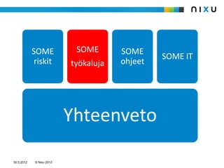 SOME            SOME       SOME
                                                SOME IT
             riskit        työkaluja   ohjeet




                           Yhteenveto

30.5.2012    © Nixu 2012
 