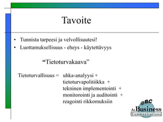 Tavoite
• Tunnista tarpeesi ja velvollisuutesi!
• Luottamuksellisuus - eheys - käytettävyys
“Tietoturvakaava”
Tietoturvallisuus = uhka-analyysi +
tietoturvapolitiikka +
tekninen implementointi +
monitorointi ja auditointi +
reagointi rikkomuksiin
 