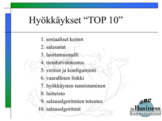 Hyökkäykset “TOP 10”
1. sosiaaliset keinot
2. salasanat
3. luottamusmalli
4. tietoturvatoteutus
5. versiot ja konfigurointi
6. vaarallinen linkki
7. hyökkäysten tunnistaminen
8. laitteisto
9. salausalgoritmien toteutus
10. salausalgoritmit
 