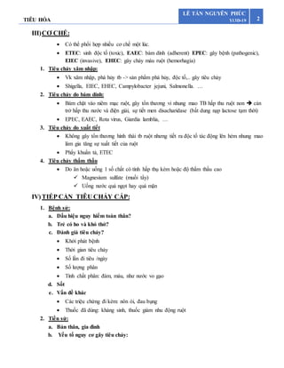 TIÊU HÓA 2
LÊ TẤN NGUYÊN PHÚC
Y13D-19
III)CƠ CHẾ:
 Có thể phổi hợp nhiều cơ chế một lúc.
 ETEC: sinh độc tố (toxic), EAEC: bám dính (adherent) EPEC: gây bệnh (pathogenic),
EIEC (invasive), EHEC: gây chảy máu ruột (hemorhagia)
1. Tiêu chảy xâm nhập:
 Vk xâm nhập, phá hủy tb -> sản phẩm phá hủy, độc tố,.. gây tiêu chảy
 Shigella, EIEC, EHEC, Campylobacter jejuni, Salmonella. …
2. Tiêu chảy do bám dính:
 Bám chặt vào niêm mạc ruột, gây tổn thương vi nhung mao TB hấp thu ruột non  cản
trở hấp thu nước và điện giải, sự tiết men disacharidase (bất dung nạp lactose tạm thời)
 EPEC, EAEC, Rota virus, Giardia lamblia, …
3. Tiêu chảy do xuất tiết
 Không gây tổn thương hình thái tb ruột nhưng tiết ra độc tố tác động lên hẻm nhung mao
làm gia tăng sự xuất tiết của ruột
 Phẩy khuẩn tả, ETEC
4. Tiêu chảy thẩm thấu
 Do ăn hoặc uống 1 số chất có tính hấp thụ kém hoặc độ thẩm thấu cao
 Magnesium sulfate (muối tẩy)
 Uống nước quá ngọt hay quá mặn
IV)TIẾP CẬN TIÊU CHẢY CẤP:
1. Bệnh sử:
a. Dấu hiệu nguy hiểm toàn thân?
b. Trẻ có ho và khó thở?
c. Đánh giá tiêu chảy?
 Khởi phát bệnh
 Thời gian tiêu chảy
 Số lần đi tiêu /ngày
 Số lượng phân
 Tính chất phân: đàm, máu, như nước vo gạo
d. Sốt
e. Vấn đề khác
 Các triệu chứng đi kèm: nôn ói, đau bụng
 Thuốc đã dùng: kháng sinh, thuốc giảm nhu động ruột
2. Tiền sử:
a. Bản thân, gia đình
b. Yếu tố nguy cơ gây tiêu chảy:
 