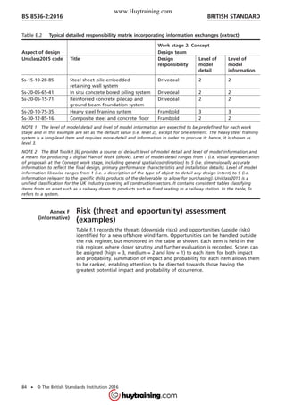 Table E.2 Typical detailed responsibility matrix incorporating information exchanges (extract)
Work stage 2: Concept
Aspect of design Design team
Uniclass2015 code Title Design
responsibility
Level of
model
detail
Level of
model
information
Ss-15-10-28-85 Steel sheet pile embedded
retaining wall system
Drivedeal 2 2
Ss-20-05-65-41 In situ concrete bored piling system Drivedeal 2 2
Ss-20-05-15-71 Reinforced concrete pilecap and
ground beam foundation system
Drivedeal 2 2
Ss-20-10-75-35 Heavy steel framing system Frambold 3 3
Ss-30-12-85-16 Composite steel and concrete floor Frambold 2 2
NOTE 1 The level of model detail and level of model information are expected to be predefined for each work
stage and in this example are set as the default value (i.e. level 2), except for one element. The heavy steel framing
system is a long-lead item and requires more detail and information in order to procure it; hence, it is shown as
level 3.
NOTE 2 The BIM Toolkit [6] provides a source of default level of model detail and level of model information and
a means for producing a digital Plan of Work (dPoW). Level of model detail ranges from 1 (i.e. visual representation
of proposals at the Concept work stage, including general spatial coordination) to 5 (i.e. dimensionally accurate
information to reflect the final design, primary performance characteristics and installation details). Level of model
information likewise ranges from 1 (i.e. a description of the type of object to detail any design intent) to 5 (i.e.
information relevant to the specific child products of the deliverable to allow for purchasing). Uniclass2015 is a
unified classification for the UK industry covering all construction sectors. It contains consistent tables classifying
items from an asset such as a railway down to products such as fixed seating in a railway station. In the table, Ss
refers to a system.
Annex F
(informative)
Risk (threat and opportunity) assessment
(examples)
Table F.1 records the threats (downside risks) and opportunities (upside risks)
identified for a new offshore wind farm. Opportunities can be handled outside
the risk register, but monitored in the table as shown. Each item is held in the
risk register, where closer scrutiny and further evaluation is recorded. Scores can
be assigned (high = 3, medium = 2 and low = 1) to each item for both impact
and probability. Summation of impact and probability for each item allows them
to be ranked, enabling attention to be directed towards those having the
greatest potential impact and probability of occurrence.
BRITISH STANDARDBS 8536-2:2016
84 • © The British Standards Institution 2016
www.Huytraining.com
 